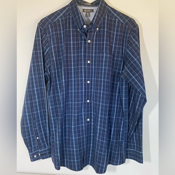 Eddie Bauer Wrinkle Free Slim Fit Shirt Mens Sz L Blue White Plaid Long Sleeve - Picture 1 of 6